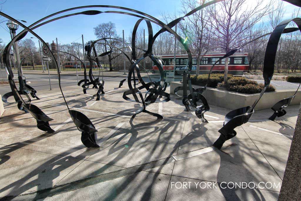 functional sidewalk seating sculptures outside waterpark city condos in fort york
