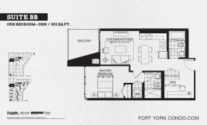 Garrison Point 1 bedroom+den podium floor plan 652 sq ft