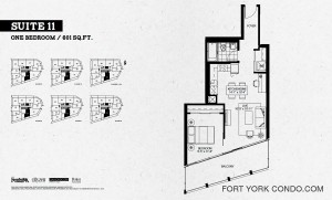 Garrison Point 1 bedroom floor plan 601 square feet Suite 11