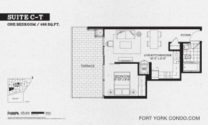 Garrison Point 1 bedroom terrace floor plan 496 sq ft