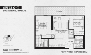 Garrison Point 2 bedroom terrace floor plan 697 sq ft