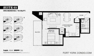 Garrison Point one bedroom 511 sq ft floor plan Suite 03