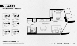 Garrison Point one bedroom 608 sq ft floor plan Suite 09