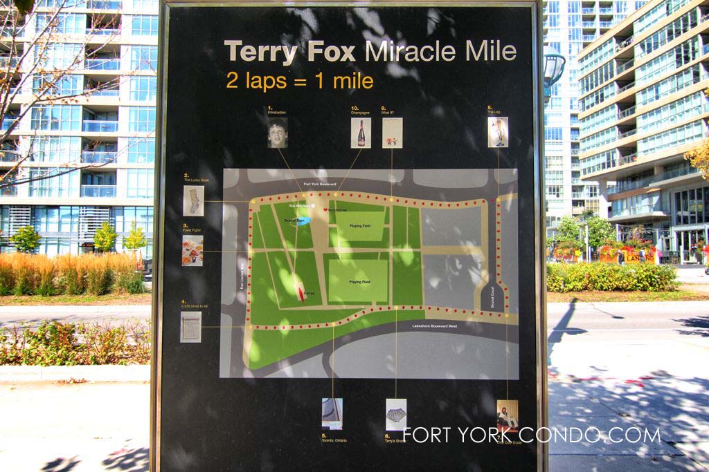 Map showing route of Terry Fox miracle mile near fort york