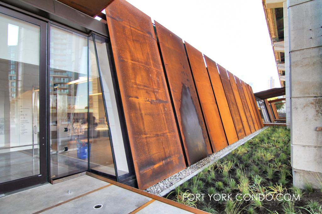 Weathered steel plates on side of Fort York Visitor Centre